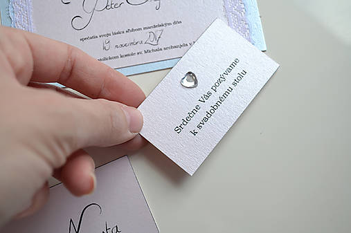 Svadobné oznámenie romantika ružovo-modrá (pozvánka k svadobnému stolu 9x5 cm)