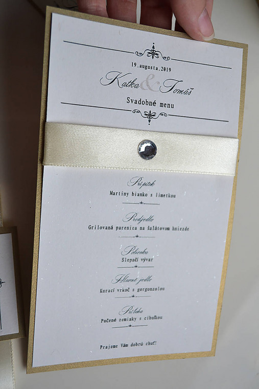 Svadobné oznámenie gracia zlatá (svadobné menu luxus (cca. 14 cm x 10 cm))
