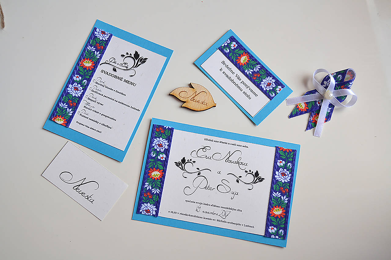 Svadobné oznámenie folklór modrý