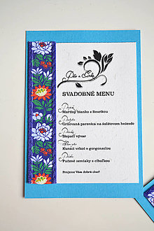 Papiernictvo - Svadobné oznámenie folklór modrý (svadobné menu 7x14 cm) - 15318717_