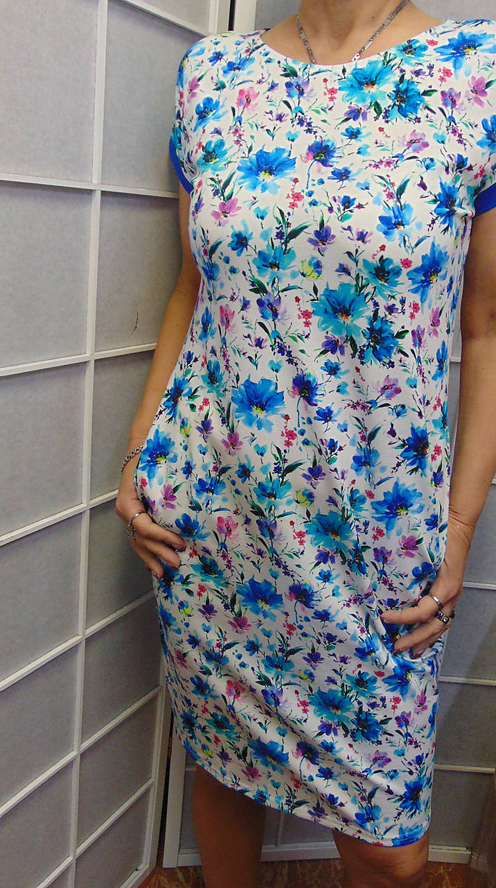 Šaty s kapsami - modré květy S - XXXL
