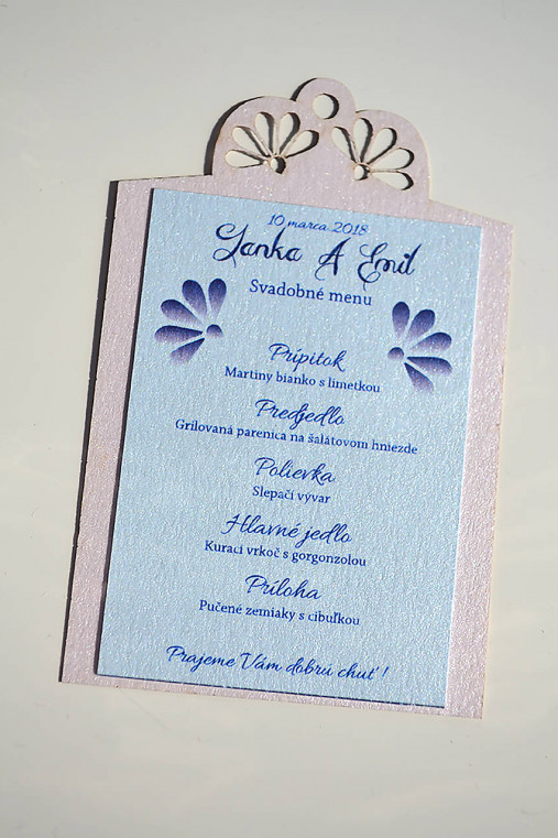 Svadobné oznámenie ornament ružovo-modrá (menu)