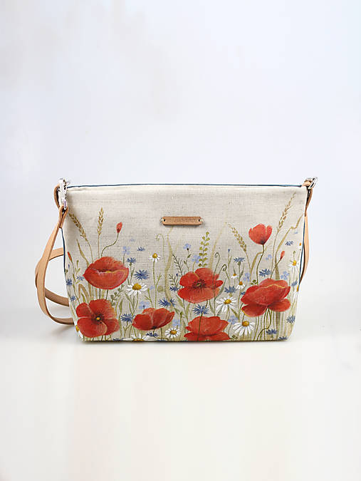 Ručne maľovaná dámska crossbody kabelka, dámska kabelka, kvetinová kabelka, ľanová kabelka, štýlová kabelka "Na lúke"