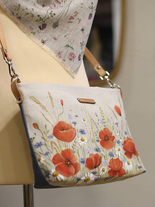 Ručne maľovaná dámska crossbody kabelka, dámska kabelka, kvetinová kabelka, ľanová kabelka, štýlová kabelka "Na lúke"