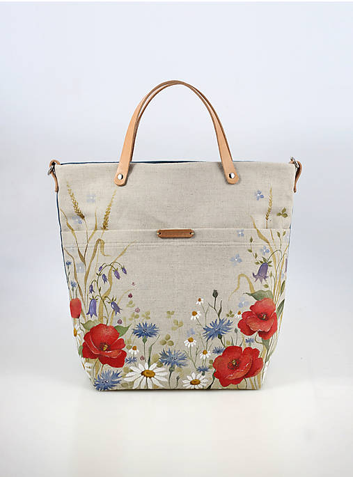 Ručne maľovaná dámska kabelka, kvetinová kabelka, veľká ľanová maľovaná kabelka "Na lúke"