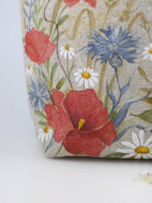 Dámska ručne maľovaná kvetinová kabelka, kvetinová kabelka, veľká ľanová maľovaná kabelka "Divoká lúka"