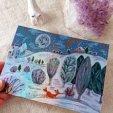 Papiernictvo - Kúzelná zimná krajinka s líškou - trblietavá, dúhová pohľadnica - 15333269_