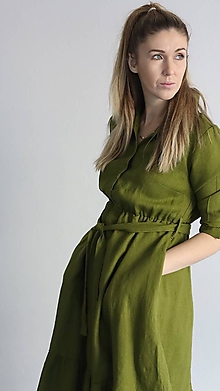 Šaty - Plamienka - ľanové šaty s volánom na sukni (olivová) - 15353682_