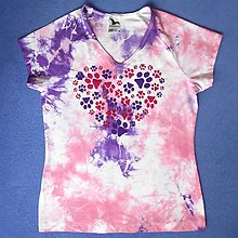 Topy, tričká, tielka - Bílo-růžovo-fialové dámské triko s kočičími stopami M 13444791 - 15358611_
