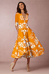Šaty - FLORAL FOLK " Slovenská ornamentika ", spoločenské šaty v dĺžke midi (oranžová + biely vzor) - 15365212_