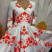 Šaty - FLORAL FOLK " Slovenská ornamentika ", spoločenské šaty v dĺžke midi (Biela + červený ombré vzor) - 15364962_