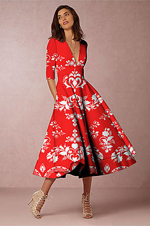 Šaty - FLORAL FOLK " Slovenská ornamentika ", spoločenské šaty v dĺžke midi (červená + biely vzor) - 15365229_
