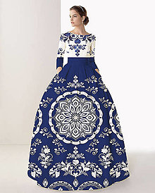 Šaty - FLORAL FOLK " Modrotlač a Slovenská ornamentika ", spoločenské dlhé šaty (bielo- modrý živôtik , modrotlač sukňová časť) - 15367125_