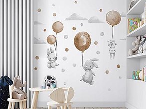 Dekorácie - Nálepky na stenu -zajačiky s béžovými balónikmi - 15367407_