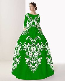 Šaty - FLORAL FOLK " Slovenská ornamentika ", spoločenské dlhé šaty (zelená + biely akvarel) - 15374161_