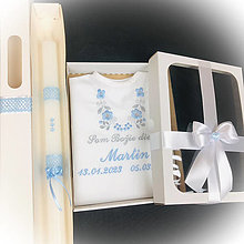 Detské oblečenie - Košieľka na krst k14 modrá šedá v darčekovom balení a sviečka na krst modré kvietky - 15381709_