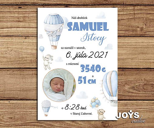 Detská tabuľka, tabuľka s údajmi o narodení dieťatka (modrý dizajn)