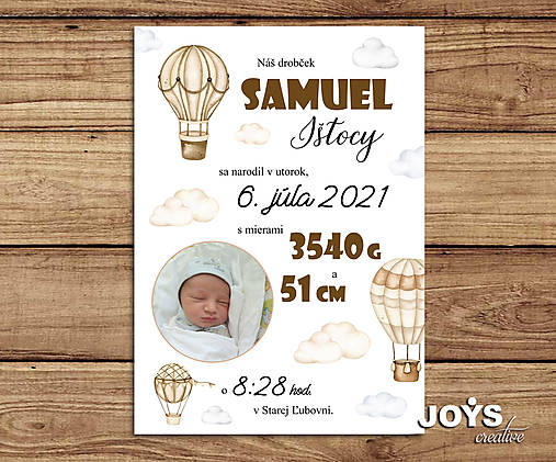 Detská tabuľka, tabuľka s údajmi o narodení dieťatka (hnedý dizajn)