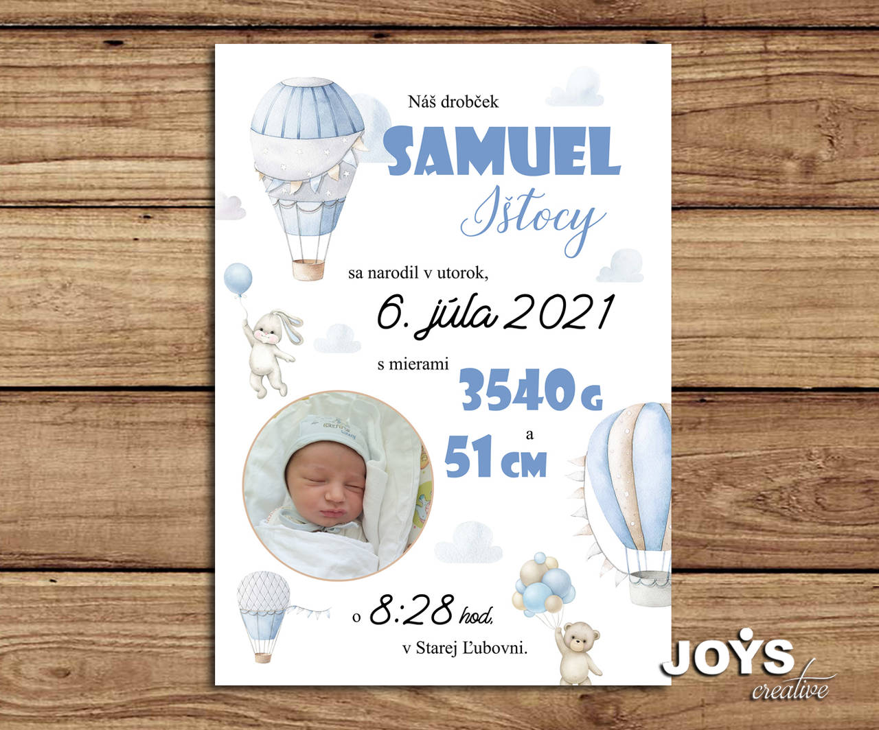 Detská tabuľka, tabuľka s údajmi o narodení dieťatka (modrý dizajn)