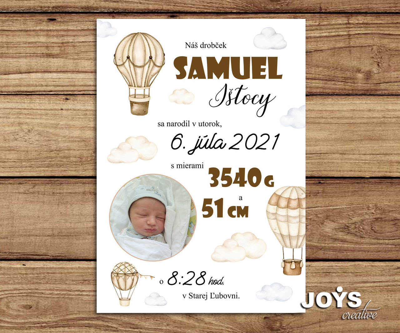 Detská tabuľka, tabuľka s údajmi o narodení dieťatka (hnedý dizajn)