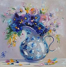 Obrazy - Obraz "Jarné kvety v džbáne" - olejomaľba, 30x30 cm - 15389620_