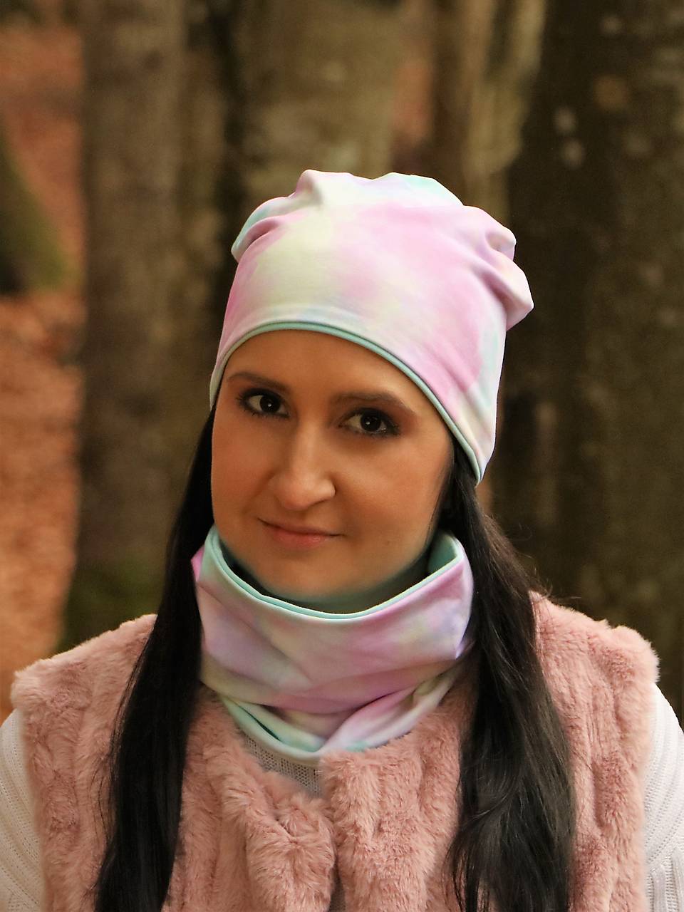 Pastel úpletová čiapka, nákrčník alebo set