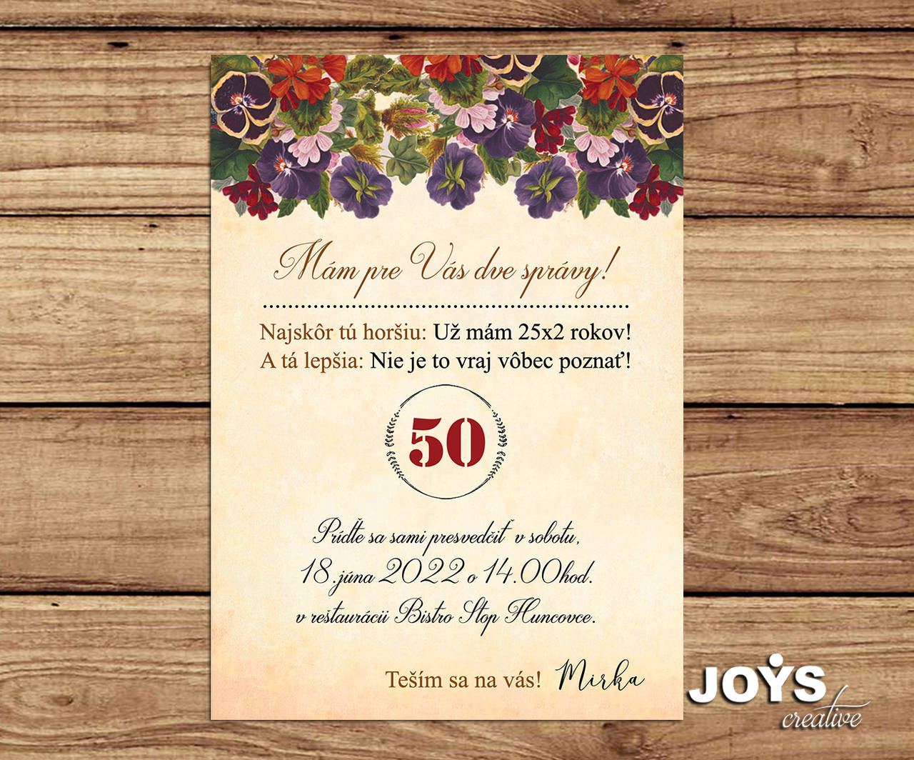 Pozvánka na narodeniny, narodeninová pozvánka s kvetinovým dizajnom - s fialkami, sirôtkami na oslavu 50-tky