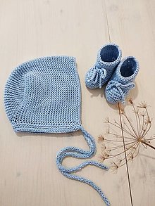 Detské súpravy - Pletený bonnet + papučky pre bábätko (nebová) - 15395876_