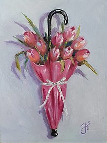 Obrazy - Obraz "Tulipány v dáždniku"-olejomaľba, 30x40 cm - 15399261_