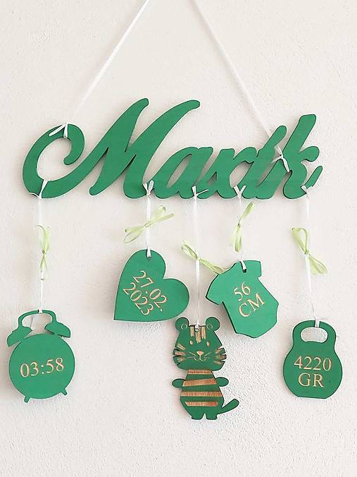 Drevené meno s pozadím a údajmi + tigrík