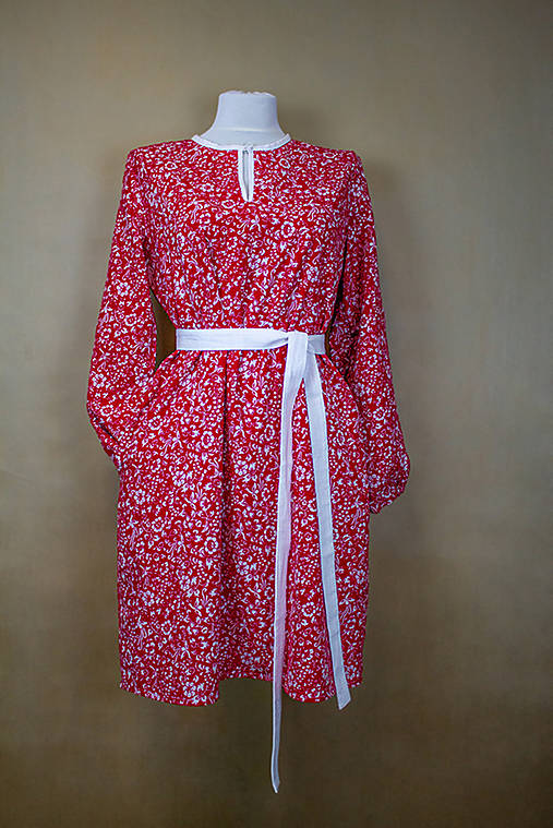  - Dámske tunikové ľanové šaty- červene biely vzor (M/L) - 15420434_