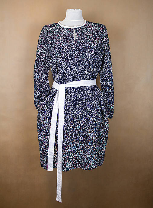  - Dámske tunikové ľanové šaty - modré biely vzor (M/L) - 15420437_