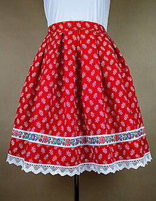 Sukne - Dámska skladaná červená sukňa s krojovou stuhou - 15419111_