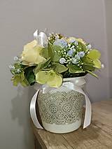 Dekorácie - Dekorácia na stôl - maslovomodré kvety v črepníku - 15421319_
