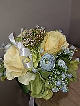 Dekorácie - Dekorácia na stôl - maslovomodré kvety v črepníku - 15421320_