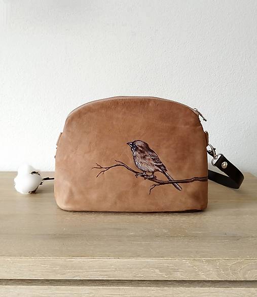 PETRA small"Bird" kožená kabelka s vypaľovaným obrázkom