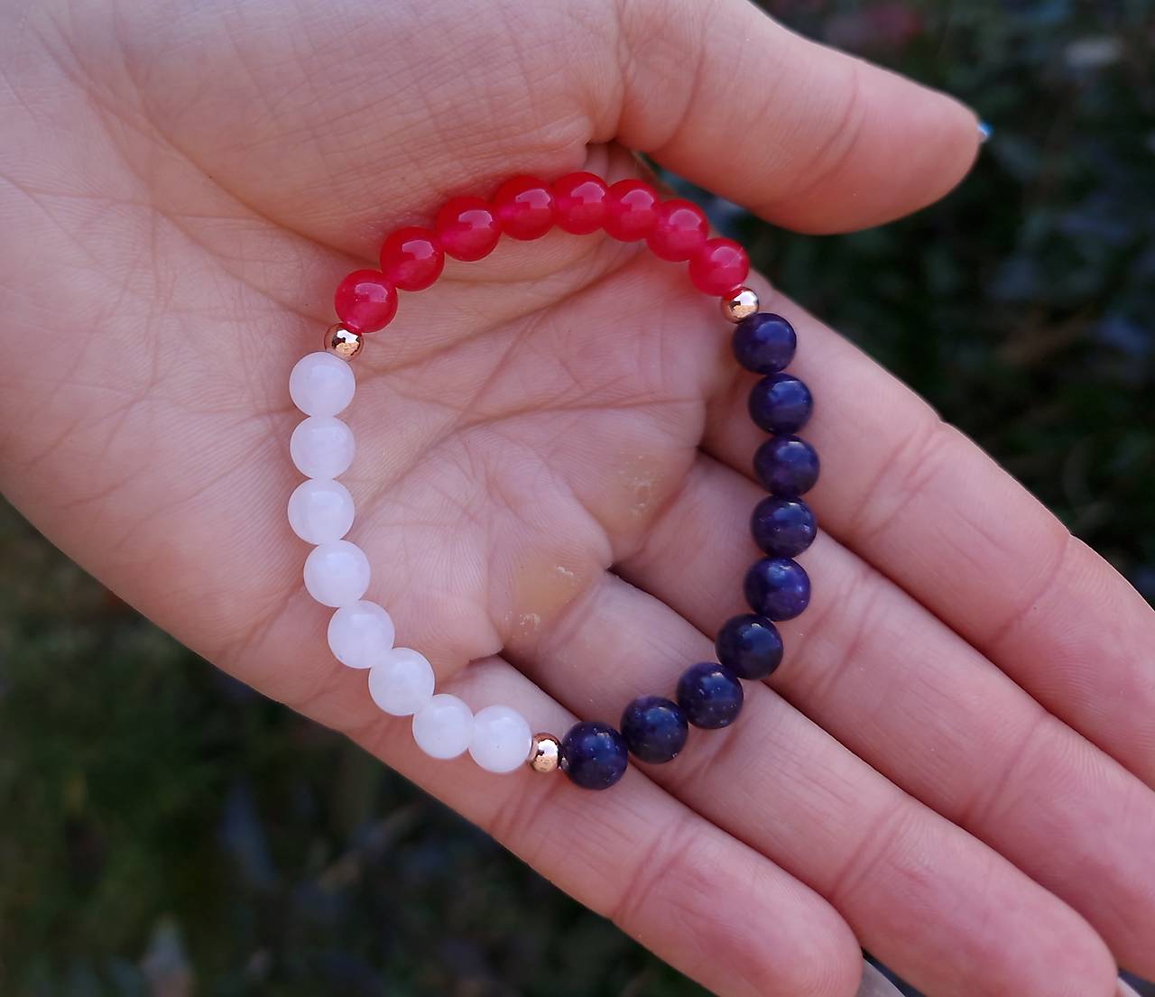 Náramok TRIO : Lepidolit, Ruženín, Jadeit