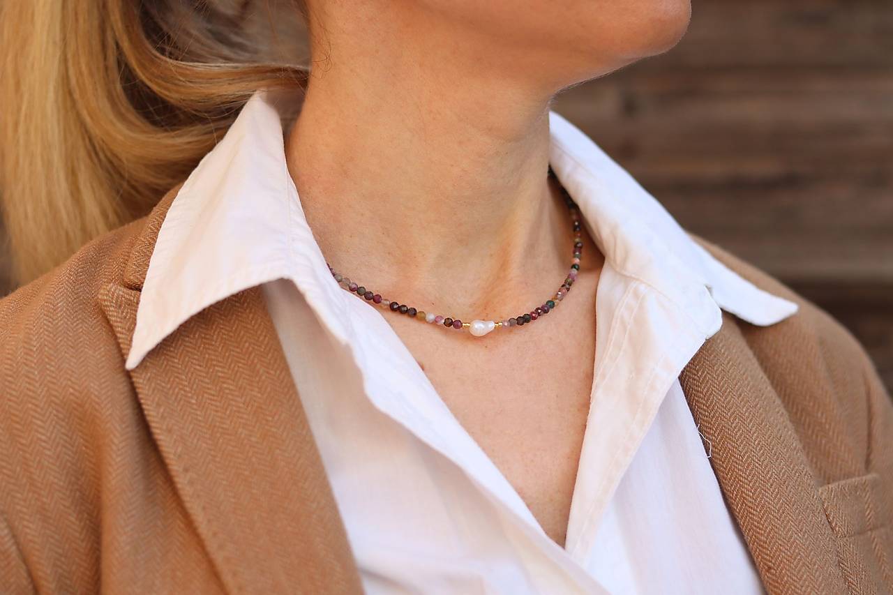 Náhrdelník - choker - turmalín, riečna perla