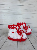 Detské topánky - Ručne háčkované papučky bielo/červená - 15433585_