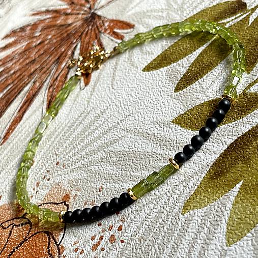 Luxury Peridot & Black Onyx Steel Choker Necklace / Bracelet / Náhrdelník alebo dvojitý náramok olivín, ónyx