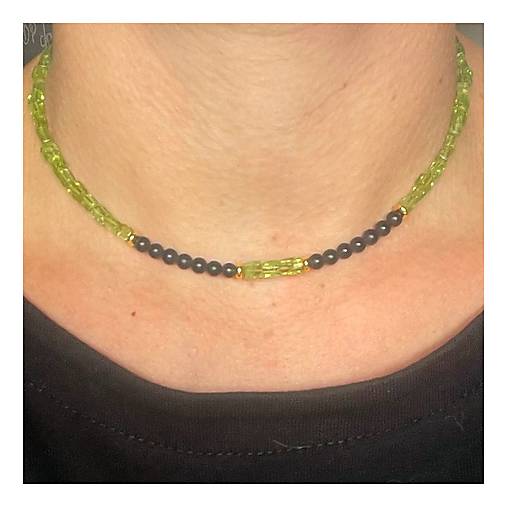 Luxury Peridot & Black Onyx Steel Choker Necklace / Bracelet / Náhrdelník alebo dvojitý náramok olivín, ónyx