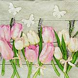 Papier - S1265 - Servítky - kvet, tulipán, motýľ, mašľa, jar, drevo - 15437765_