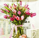 Papier - S888 - Servítky - kytica, tulipány, váza, káro, šálka, jar - 15437900_