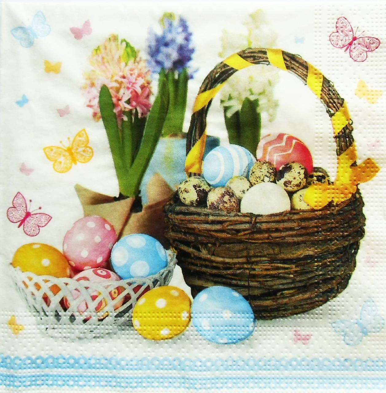 S973 - Servítky - Veľká noc, hyacint, vajíčko, košík, motýľ, dots