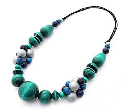 Náhrdelníky - Dřevěné korále Mix tvarů (mořská zelená, tyrkysová, modrá, stříbrná) - 15449056_