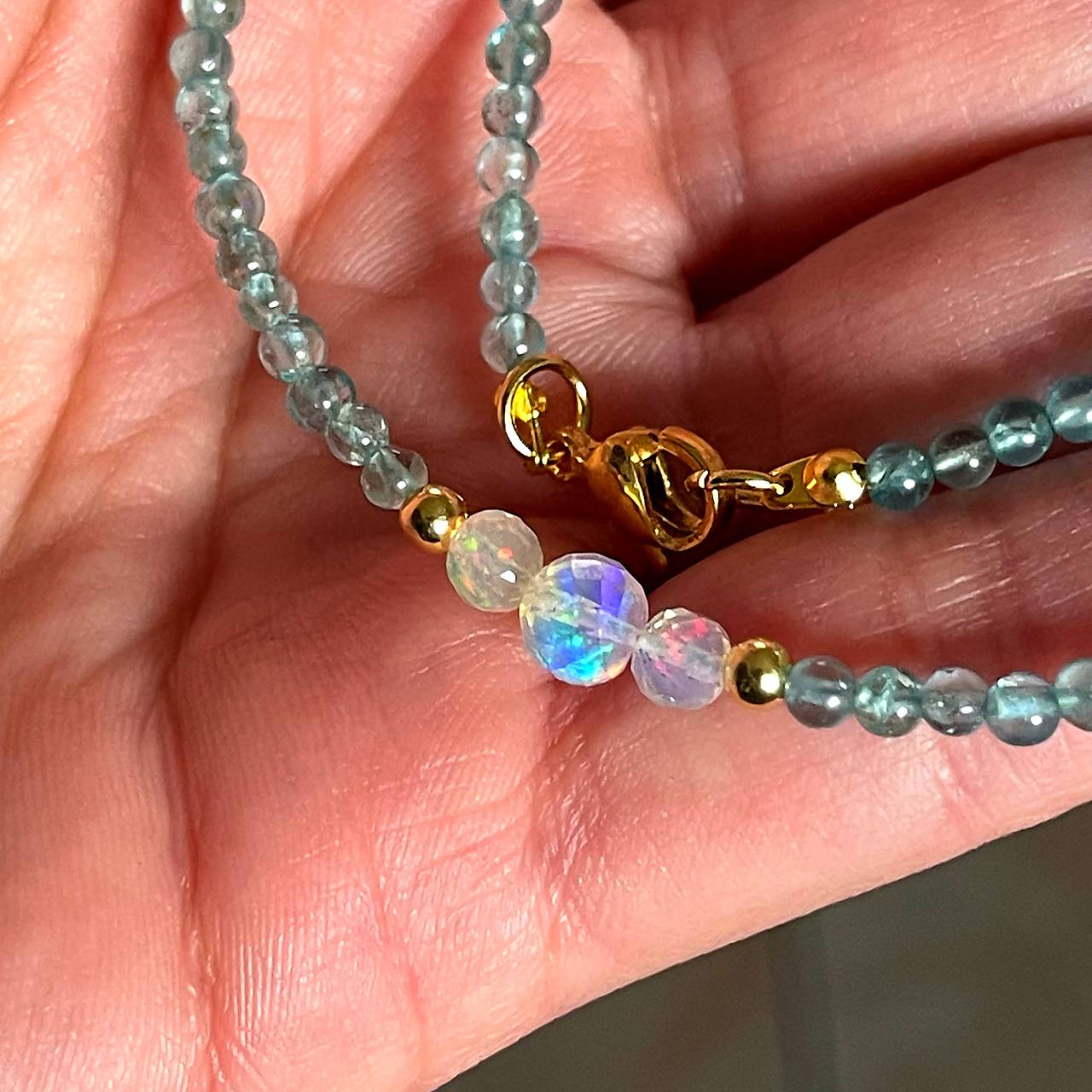 Luxury Aquamarine & Ethiopian Opal Steel Choker Necklace / Bracelet / Náhrdelník alebo dvojitý náramok opál, akvamarín