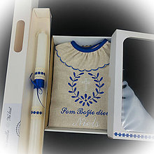 Detské oblečenie - Košieľka na krst k10 ľanová modrá v darčekovom balení a sviečka na krst v modrom - 15462249_