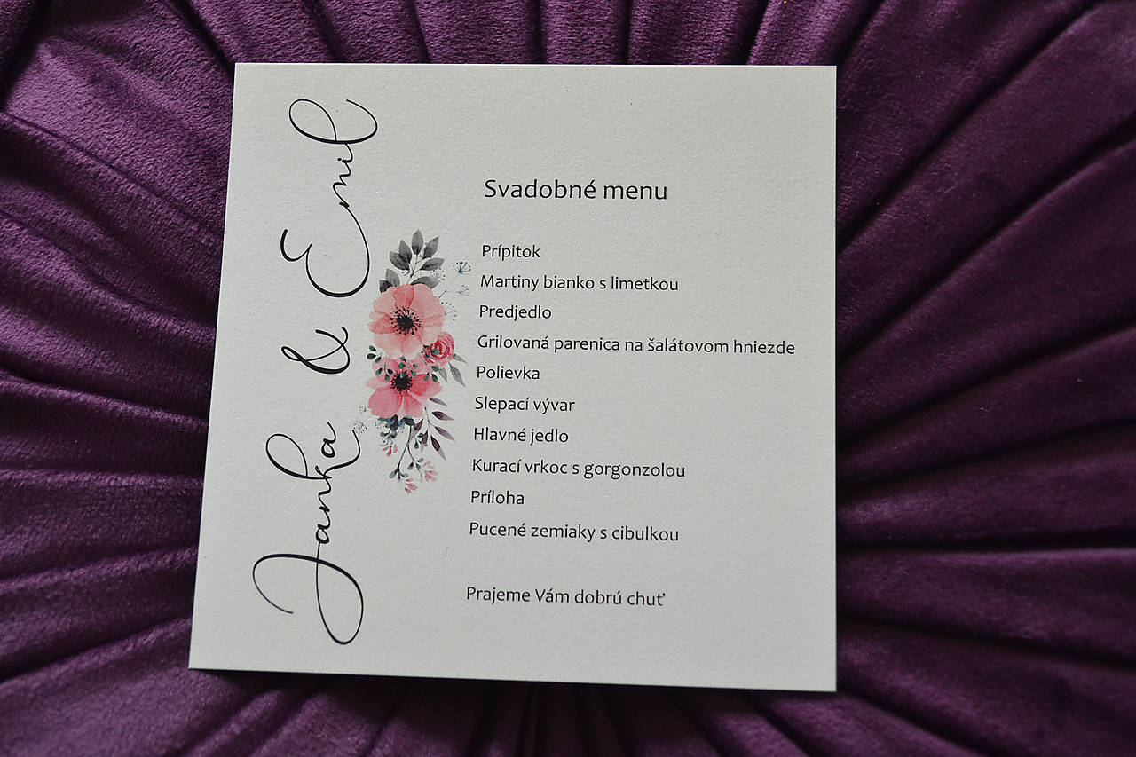Svadobné oznámenie kvety (svadobné menu)