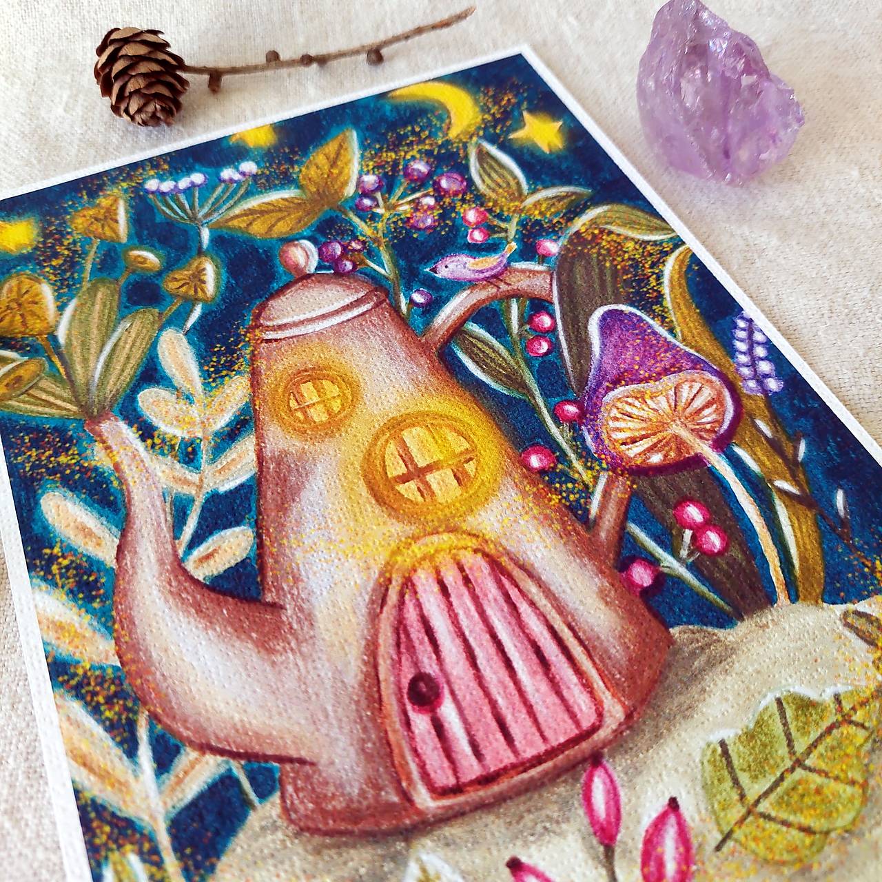 Domček v kanvičke - reprodukcia ilustrácie na art papieri