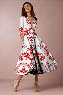 Šaty - FLORAL FOLK " Slovenská ornamentika ", spoločenské šaty v dĺžke midi (Biela + červený akvarel) - 15474697_